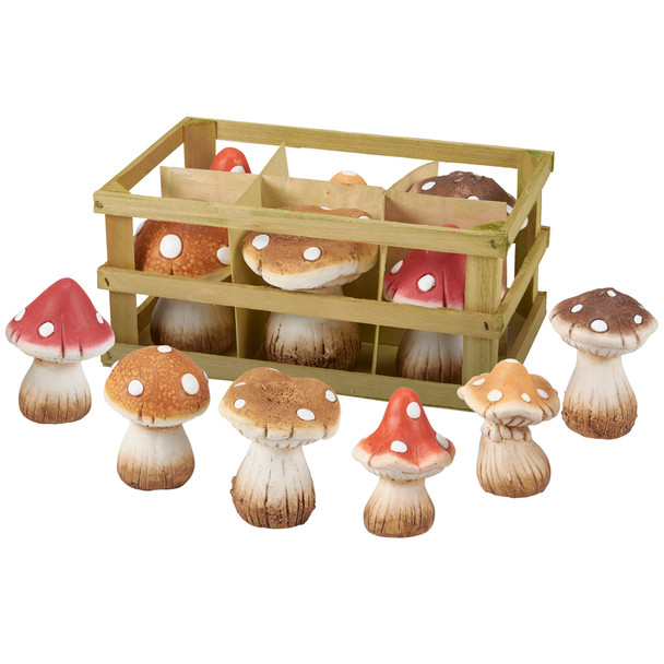 Set of 12 Medium Decorative Stoneware Mushroom Figurines In Wooden Crate from Primitives by Kathy