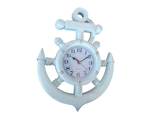 Handcrafted Whitewashed Ship Wheel and Anchor Wall Clock 15" from Hampton Creations