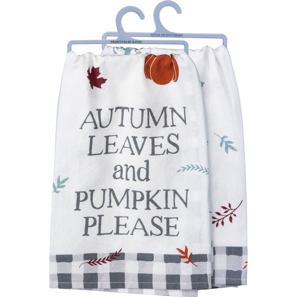 Autumn Leaves And Pumpkin Please Cotton Kitchen Dish Towel 28x28 from Primitives by Kathy