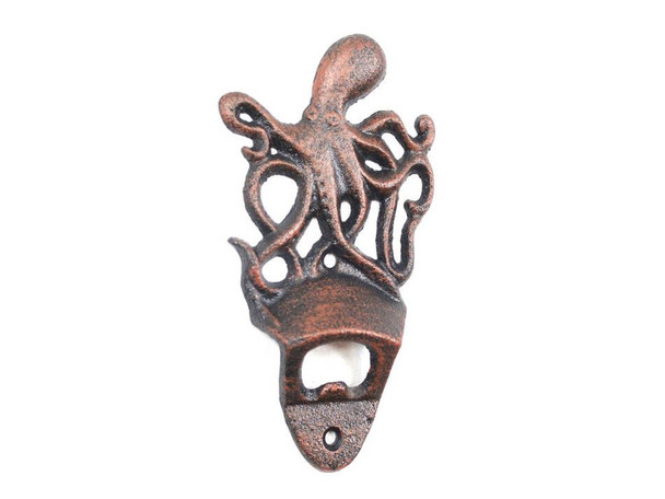 Handcrafted Rustic Copper Cast Iron Wall Mounted Octopus Bottle Opener 6" from Hampton Creations