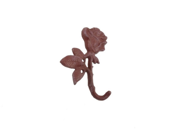 Handcrafted Rustic Red Whitewashed Cast Iron Long Stem Rose Decorative Metal Wall Hook 5.5" from Hampton Creations