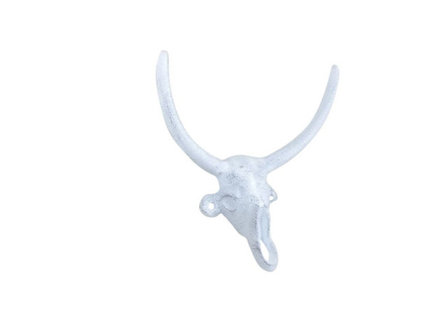 Handcrafted Whitewashed Cast Iron Bull Head Skull Decorative Metal Wall Hooks 6" from Hampton Creations