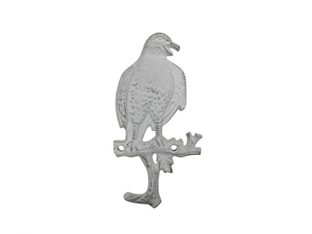 Handcrafted Whitewashed Cast Iron Eagle Sitting on a Tree Branch Decorative Metal Wall Hook 6.5" from Hampton Creations