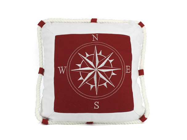 Handcrafted Red Compass With Nautical Rope Decorative Throw Pillow 16" from Hampton Creations