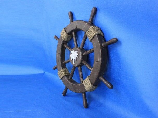 Handcrafted Rustic Wood Finish Decorative Ship Wheel with Palm Tree 18" from Hampton Creations