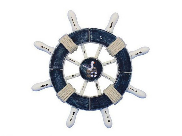 Handcrafted Rustic Dark Blue and White Decorative Ship Wheel With Seagull 6" from Hampton Creations