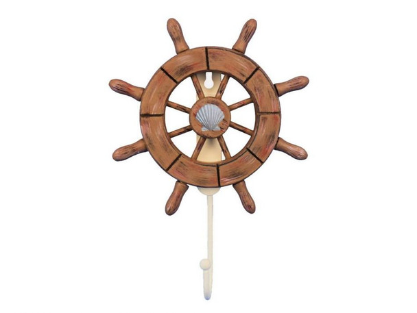 Handcrafted Rustic Wood Finish Decorative Ship Wheel with Seashell and Hook 8" from Hampton Creations