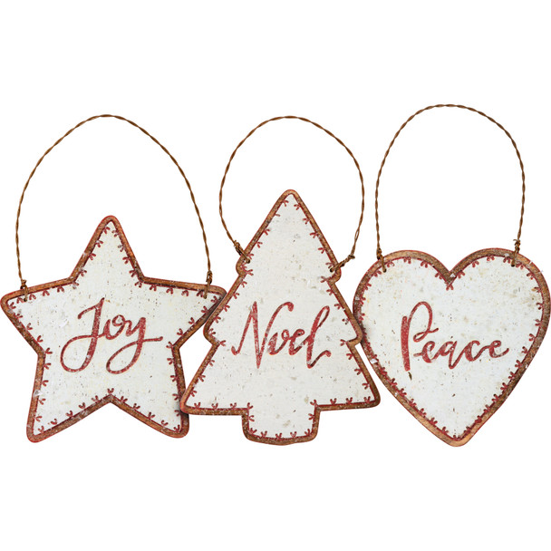 Set of 3 Shaped Hanging Wooden Christmas Ornaments (Peace Joy Noel) from Primitives by Kathy