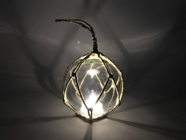 Handcrafted LED Lighted Clear Japanese Glass Ball Fishing Float with Brown Netting Decoration 3" from Hampton Creations