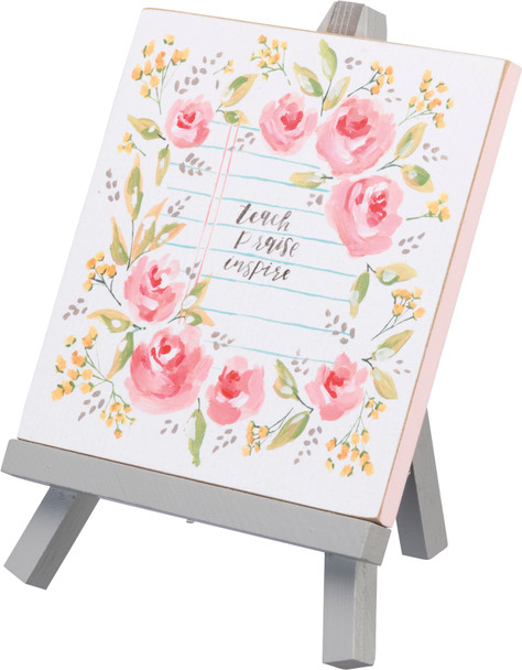 Floral Wreath Design Teach Praise Inspire Decorative Easel Sign 7.75 Inch from Primitives by Kathy