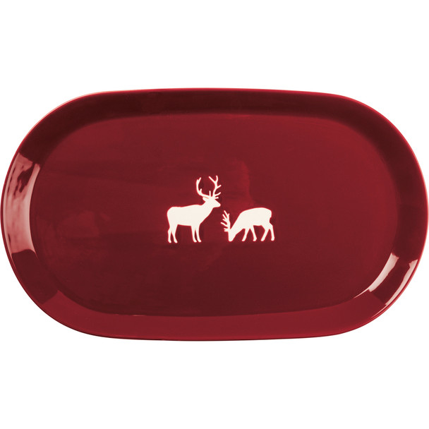 Red & White Oval Deer Design Decorative Stoneware Platter from Primitives by Kathy