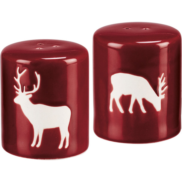 Red & White Christmas Deer Design Stoneware Salt & Pepper Shaker Set from Primitives by Kathy