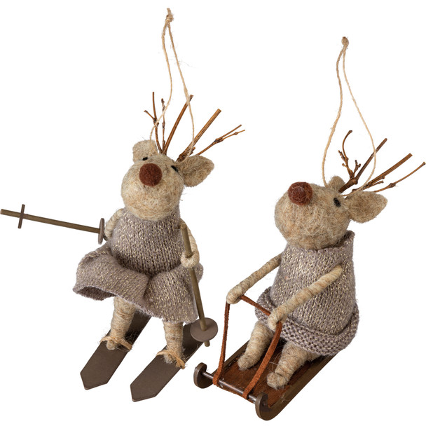 Set of 2 Felt Reindeer Figurines (Skis & Sled) from Primitives by Kathy