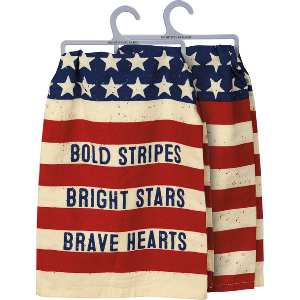 Patriotic Bold Stripes Bright Stars Brave Hearts Cotton Dish Towel 28x28 from Primitives by Kathy