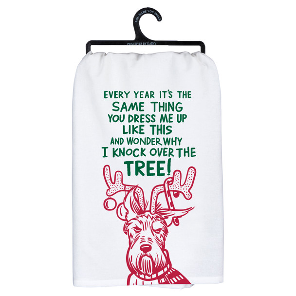 Dog Lover Knock Over The Christmas Tree Cotton Dish Towel 28x28 from Primitives by Kathy