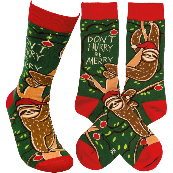 Christmas Sloth Don't Hurry Be Merry Colorfully Printed Cotton Socks from Primitives by Kathy
