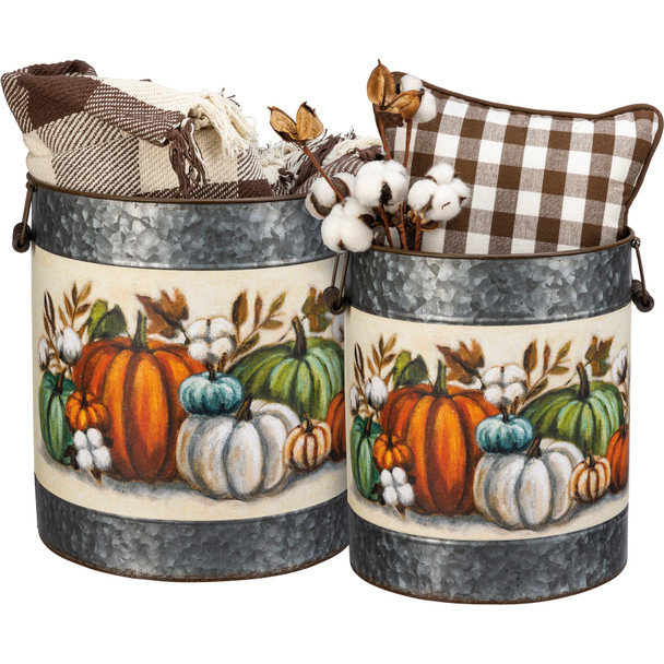 Set of 2 Double Sided Galvanized Metal Buckets Colorful Pumpkins from Primitives by Kathy