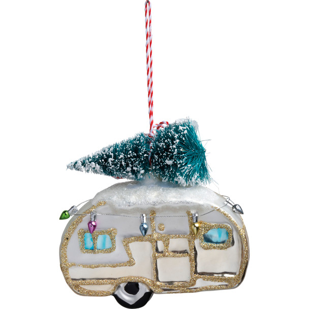 Christmas Camper & Tree Hanging Glass Ornament 4.25 Inch from Primitives by Kathy