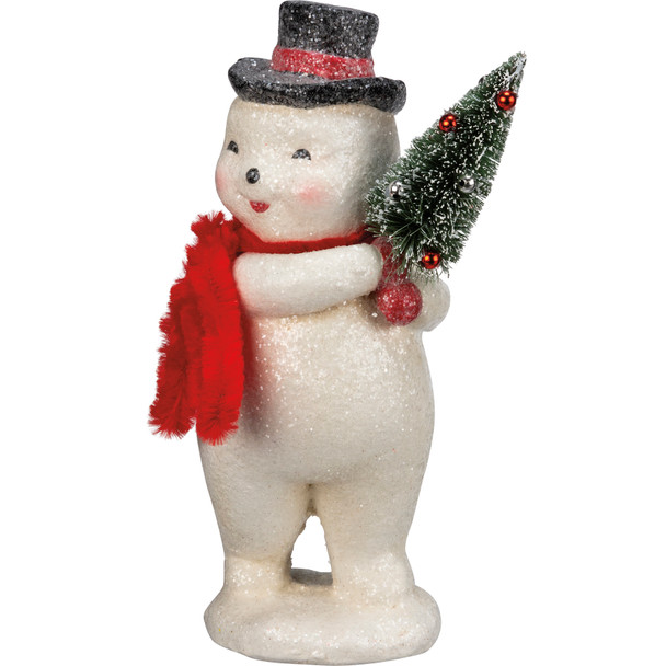 Snowman Figurine In Top Hat With Bristle Tree Glitter Detail 4 Inch x 8 Inch from Primitives by Kathy
