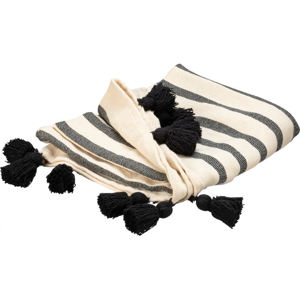 Cream Black Stripes & Black Tassels Cotton Throw Blanket 50x60 from Primitives by Kathy