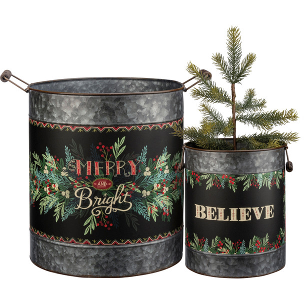 Set of 2 Holdiay Greenery Galvanized Buckets (Merry And Bright & Believe) from Primitives by Kathy