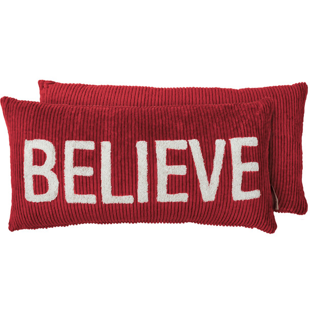 Red & White Holiday Themed Believe Decorative Corduroy Throw Pillow 20x10 from Primitives by Kathy