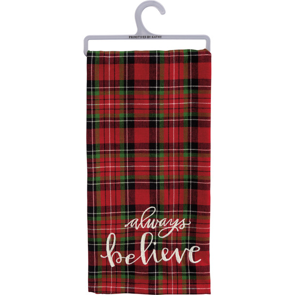 Red & Green Christmas Plaid Design Always Believe Cotton Dish Towel 20x28 from Primitives by Kathy