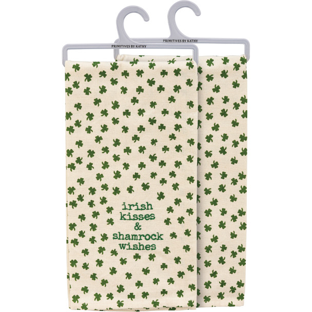 White & Green Irish Kisses & Shamrock Wishes Cotton Kitchen Dish Towel 20x26 from Primitives by Kathy