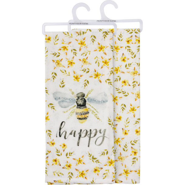 Floral Pattern Bumblebee Design Bee Happy Cotton Dish Towel 18x28 from Primitives by Kathy