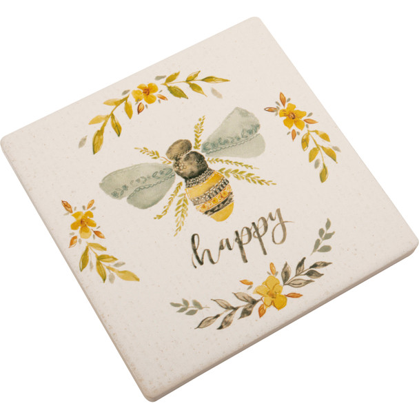 Floral Wreath & Bumblebee Design Happy Stoneware Drink Coaster 4x4 from Primitives by Kathy