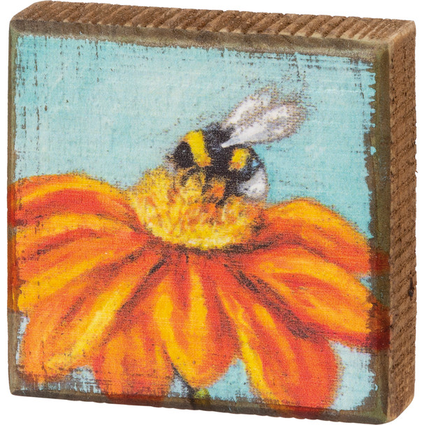 Colorful Bumblebee & Flower Pollenate Decorative Wooden Block Sign 3.5 Inch from Primitives by Kathy