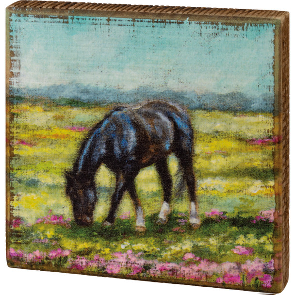 Black Horse Grazing In Flower Field Decorative Wooden Block Sign 6x6 from Primitives by Kathy