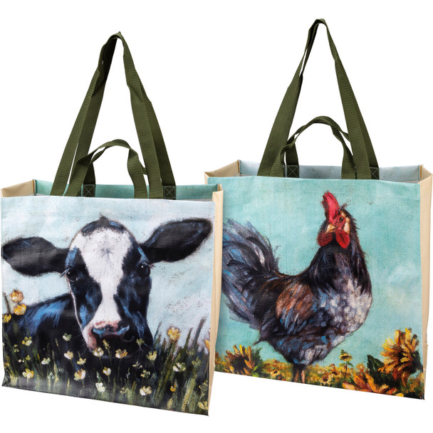 Market Tote Bag - Double Sided Farm Animal Rooster & Cow from Primitives by Kathy