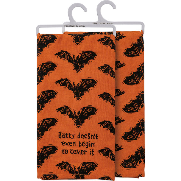 Halloween Themed Batty Doesn't Even Begin To Cover It Orange & Black Cotton Dish Towel from Primitives by Kathy