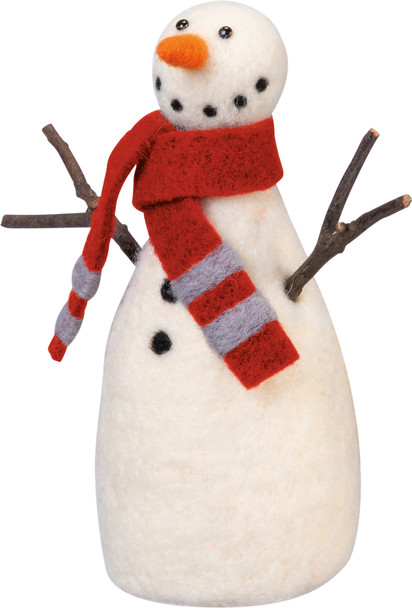 Smiling Snowman With Scarf & Wooden Arms Felt Figurine 6.5 Inch from Primitives by Kathy
