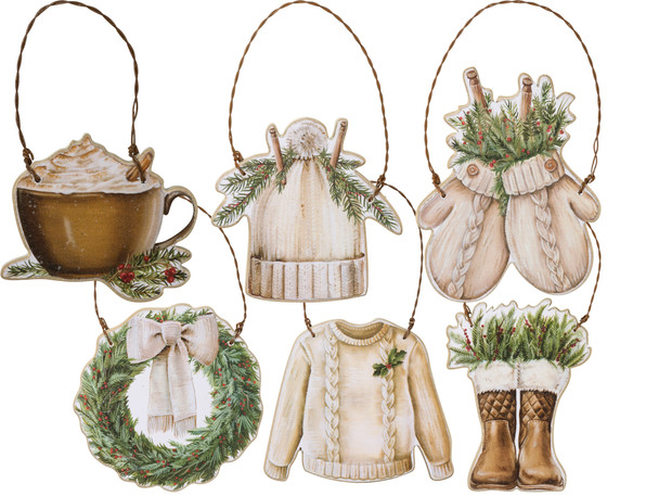 Set of 6 Wooden Christmas Ornaments (Mitten Hat Boots Mug Wreath Sweater) from Primitives by Kathy