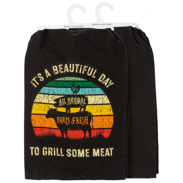 Farm Animal Themed A Beautiful Day To Grill Some Meat Cotton Kitchen Dish Towel 28x28 from Primitives by Kathy