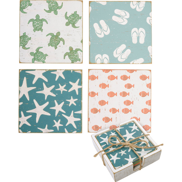 Set of 4 Beach Themed Wooden Drink Coaster Set (Turtles & Flip Flops & Starfish) from Primitives by Kathy