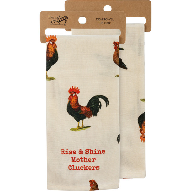 Cotton Linen Blend Kitchen Dish Towel - Vintage Rooster - Rise & Shine Mother Cluckers 18x28 from Primitives by Kathy