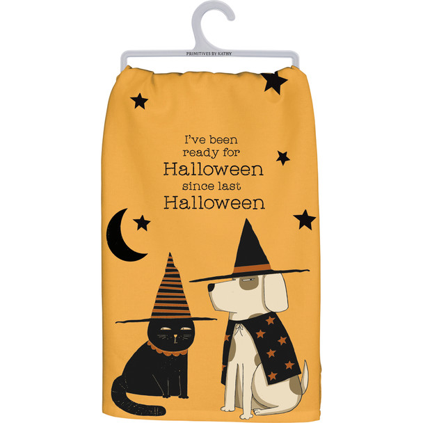 Cat & Dog Been Ready For Halloween Cotton Kitchen Dish Towel 28x28 from Primitives by Kathy