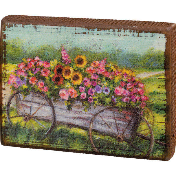 Colorful Flower Filled Wagon Decorative Wooden Block Sign 6 Inch x 4.5 Inch from Primitives by Kathy