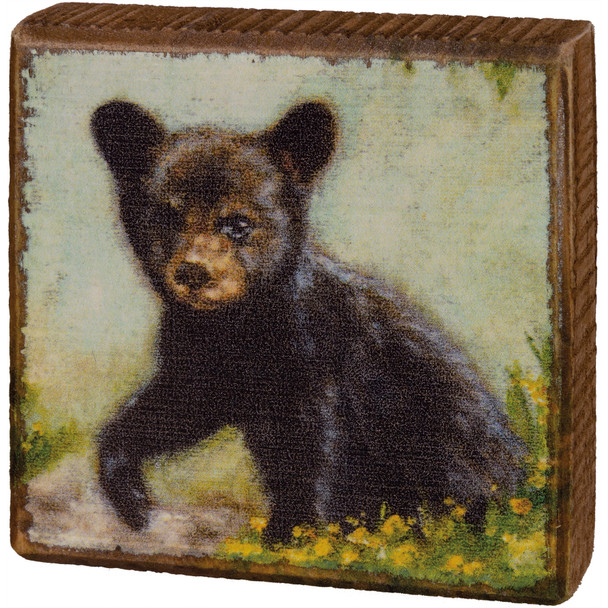 Baby Black Bear Cub In Flower Field Decorative Wooden Block Sign 3.5 Inch from Primitives by Kathy