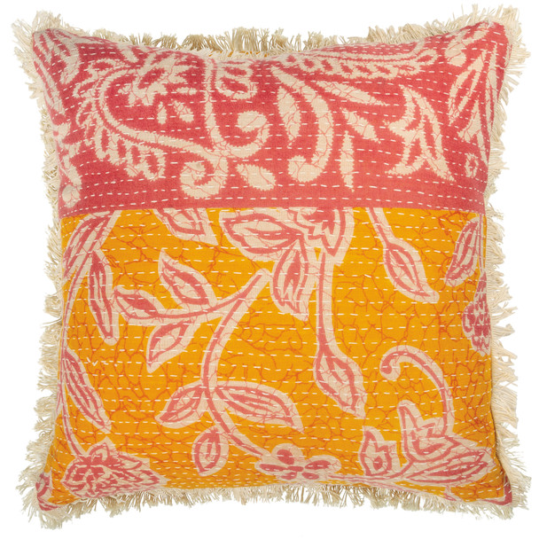 Double Sided Decorative Cotton Kantha Throw Pillow With Fringe 16x16 from Primitives by Kathy