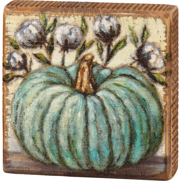 Green Pumpkin & Cotton Stems Decorative Wooden Block Sign 4x4 from Primitives by Kathy
