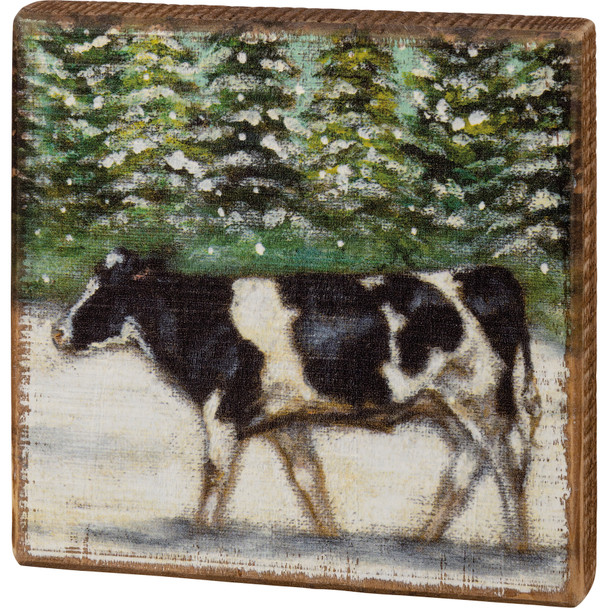Winter Dairy Cow In Snow Pine Trees Decorative Wooden Block Sign Décor 6x6 from Primitives by Kathy