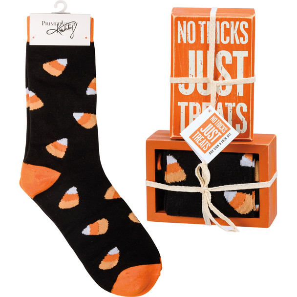 Candycorn Design No Tricks Just Treats Decorative Wooden Box Sign & Socks Gift Set from Primitives by Kathy