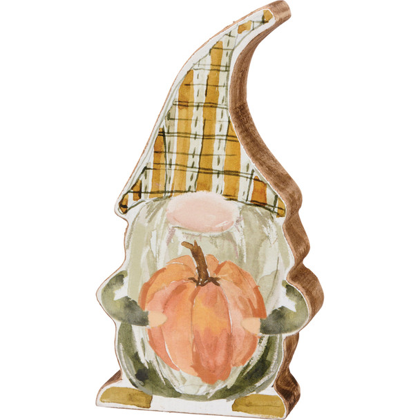 Watercolor Fall Gnome Holding Pumpkin Decorative Wooden Figurine 5.5 Inch from Primitives by Kathy