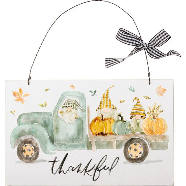 Watercolor Art Gnome Truck & Pumpkins Thankful Decorative Hanging Wooden Sign 10 Inch from Primitives by Kathy