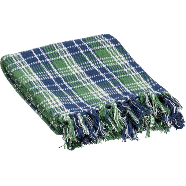 Blue Holiday Plaid Fringe Accents Cotton Throw Blanket 50x60 from Primitives by Kathy