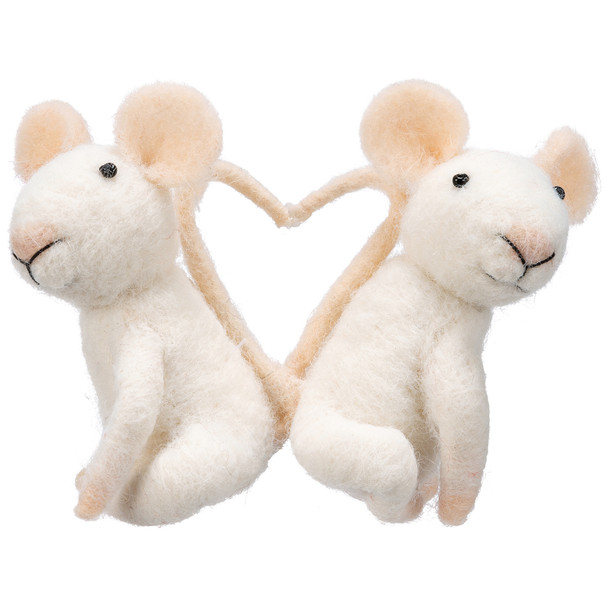 Two White Mice Heart Shaped Attached Felt Figurine 4.5 Inch from Primitives by Kathy